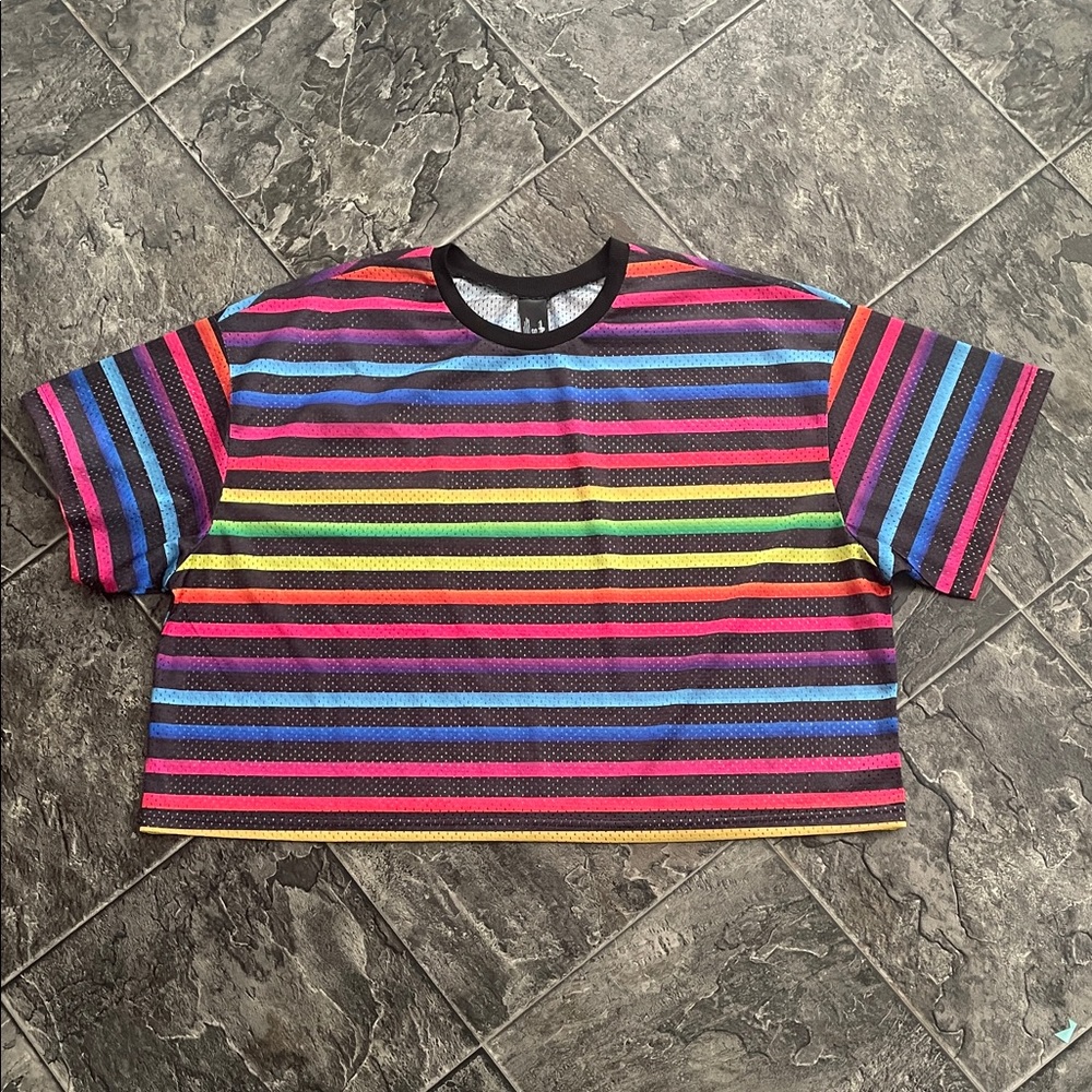 PHLUID PROJECT Y2K Cropped Mesh Rainbow Striped Unisex Shirt Retro Urban Pride